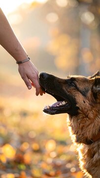 Warm autumnal image of a hand reaching towards the nose of a German Shepherd dog