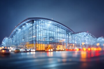 Fototapeta premium Modern transportation hub displays illuminated curved glass architecture against a dark twilight sky