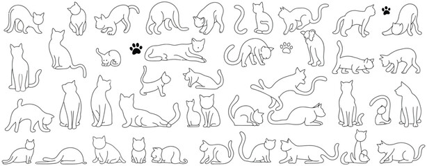 Obraz premium Minimalist Cat Outline Vector Set in Various Poses, Elegant Black Line Art on White Background for Pet Lovers, Animal Illustrations, Branding, Logos, and Design Projects
