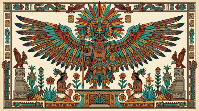 Ancient Aztec God Illustration with Feathered Wings, Mesoamerican Mythology and Tribal Symbols in Traditional Codex Style