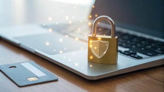 A padlock on a laptop keyboard next to a credit card symbolizes cybersecurity and protection of online financial transactions.