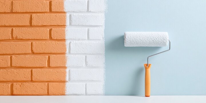 an empty wall being painted in light blue, with a paint roller and paper on the side. the left half is orange brick, the right part white walls