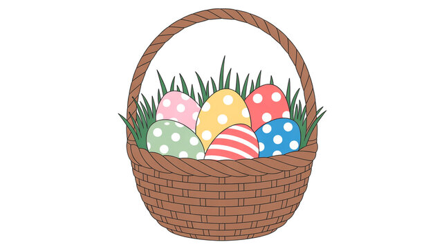 Colorful easter eggs nestled in a woven grass basket for spring celebration isolated on white background