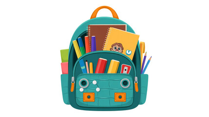 Naklejka premium Colorful school backpack filled with assorted learning supplies and books isolated on white background