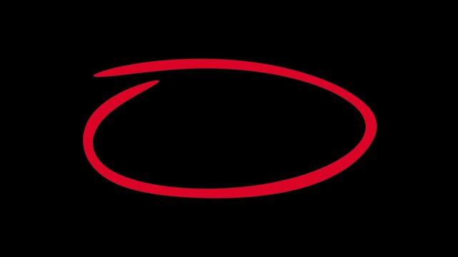 Animated hand-drawn red circle marker on black background, looping motion graphic of highlight oval stroke for emphasis 4K resolution video