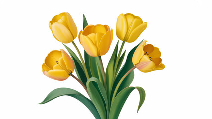 Fototapeta premium A vibrant bouquet of bright yellow tulips with green stems and leaves isolated on white background