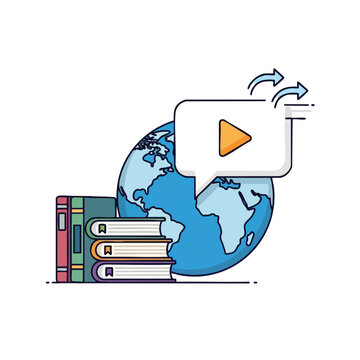Globe with stack of books and play button in speech bubble