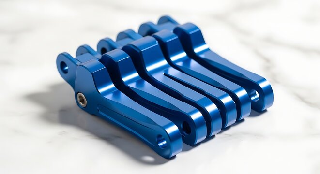 A Set of Identical Shiny Blue Metal Levers Arranged in a Row on a Light Colored Surface with Subtle Natural Texture Suggesting Precision Engineering and Manufacturing Components for Industrial