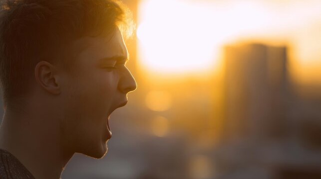 Young man with short blonde hair, standing in front of a city skyline at sunset. he is facing away from the camera, with his mouth open wide and his eyes closed, as if he is shouting or shouting.