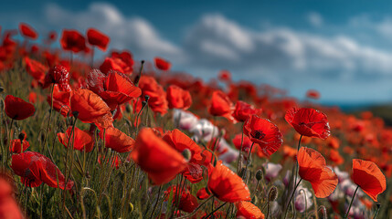 An undulating hillside completely covered in brilliant blood-red wild poppies swaying gently in a morning breeze under a soft blue sky with scattered white clouds