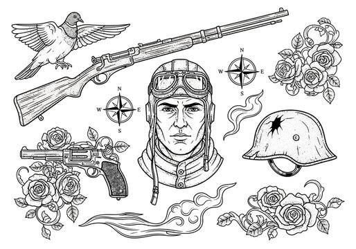 Vintage Military Tattoo Flash Collection with Pilot, Rifle, Revolver, and Roses