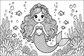 A charming mermaid surrounded by sea life and underwater plants a detailed illustration © Defendar13