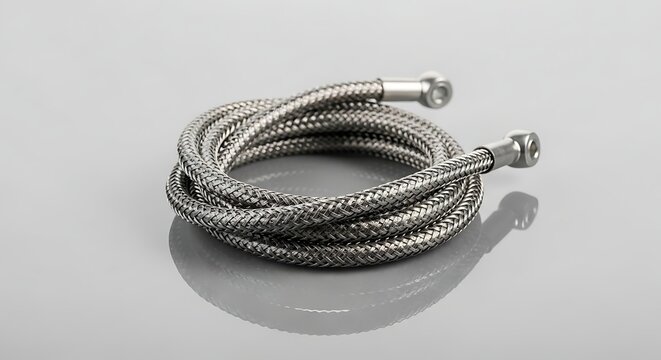 Durable braided metal hose assembly for fluid transfer applications featuring secure fittings on both ends and a flexible coiled design suitable for plumbing and mechanical systems This
