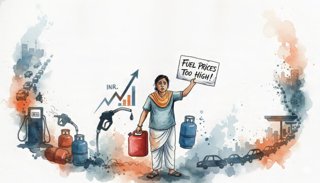 Impact of rising petrol and LPG prices on common people concept background.