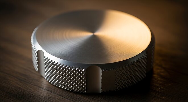 Detailed brushed metallic circular control knob with textured grip set on a warm toned wooden surface creating a sophisticated and refined visual for tech or industrial themes capturing the