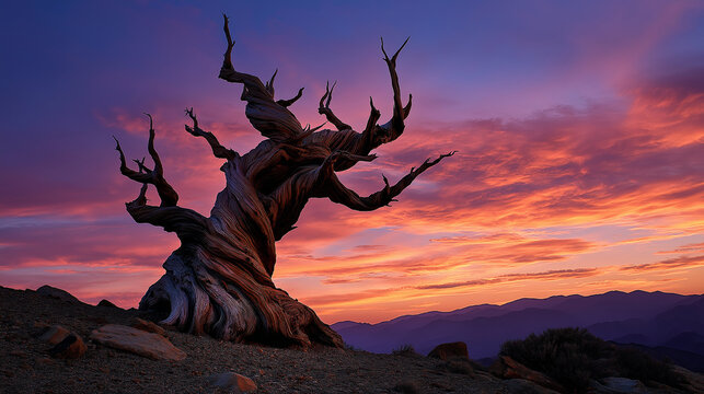 an ancient bristlecone pine tree combines natural sculpture with the transience of sunset to create a meditation on time and endurance.