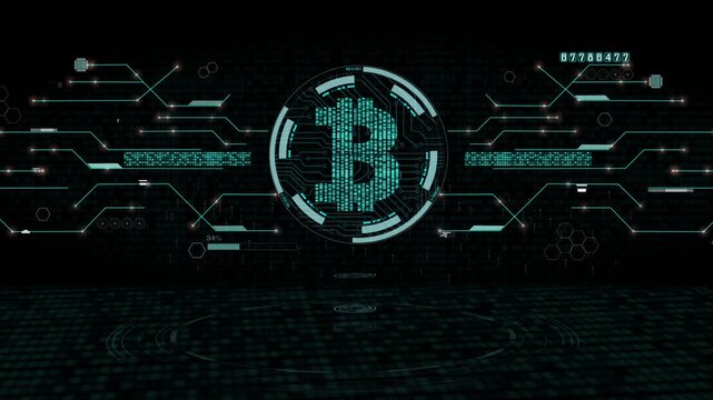 bitcoin digital money computer graphic background. blue circuit electronic