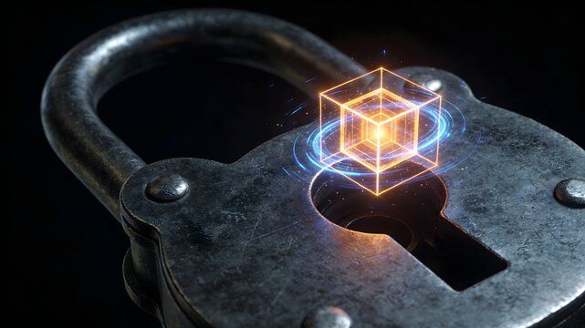 Glowing holographic tesseract rotating inside dark heavy steel padlock core