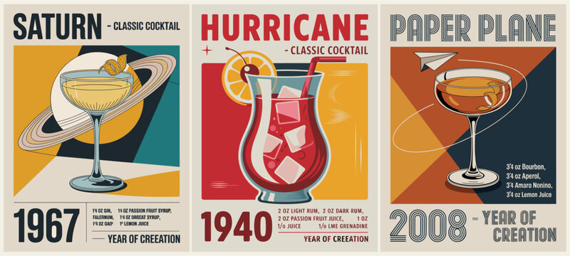 Vintage cocktail ads in retro style. Each drink has a unique name and year. Saturn, Hurricane, and Paper Plane cocktails shown. Bright colors and bold typography