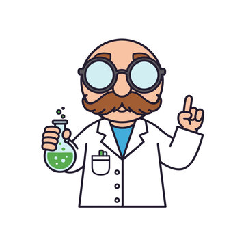 Cartoon Scientist with Flask and Idea Bulb