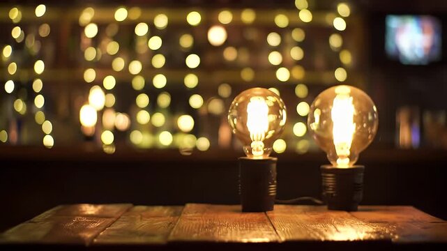 A cozy warm-lit bar scene featuring two vintage Edison bulbs on a wooden counter with twinkling bokeh lights in the background
