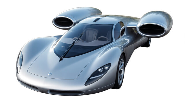 Futuristic hover car design with aerodynamic features and sleek contours isolated on white background