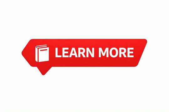 Red callout button with learn more text and book icon for educational content