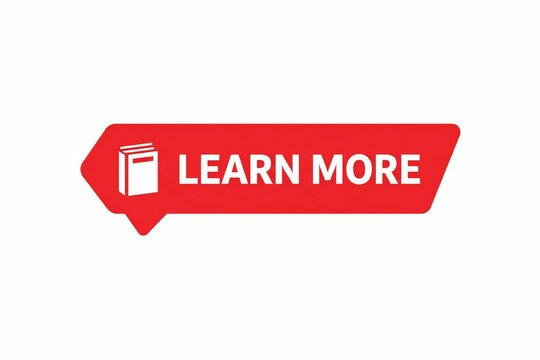 Red button with learn more text and book icon for educational content