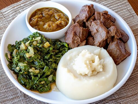 Zimbabwean sadza served with beef stew and leafy greens on a white plate, accompanied by a small bowl of sauce, arranged on a woven placemat