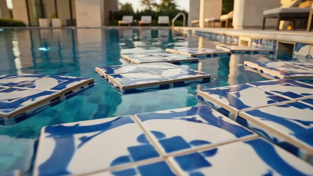 Floating Decorative Tiles in a Sparkling Pool
