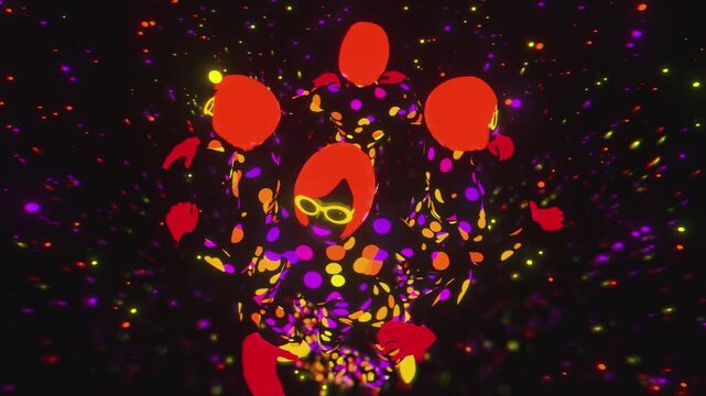 4K seamless VJ loop with dancing silhouettes in polka dot patterns and glowing accessories for VJ sets, high-tech club visuals, electronic music festivals, stage screens and for LED video walls.