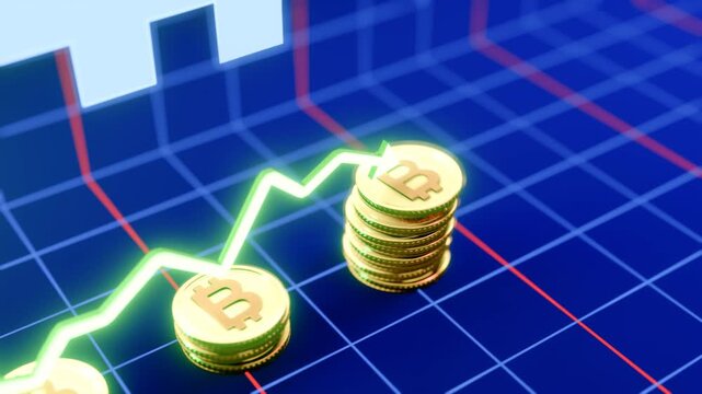 Rising Bitcoin Currency Animation, 3D Gold Coin Drops with Dynamic Graph Growth