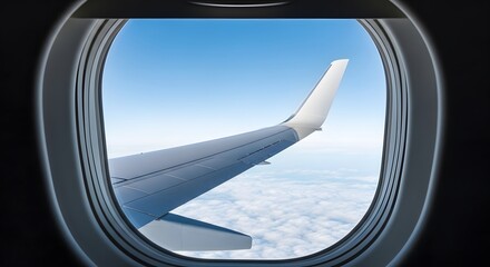 Fototapeta premium An airplane wing visible through a cabin window high above the clouds. A peaceful travel concept representing international flight, summer holidays, and exploring the world from above