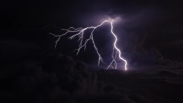 Lightning thunderstorm storm cloud night sky electricity weather, aerial cumulonimbus cloudscape with electric flash above dark cloud layer dusk