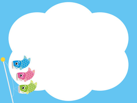 かわいい3匹の鯉のぼりと雲形フレーム背景のイラスト（水色・ピンク・黄緑）