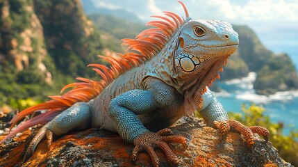 Fototapeta premium Iguana on rock coastal scene