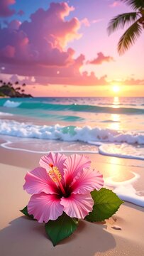 A vibrant, tropical beach scene at sunset with a pink flower in the foreground and a palm tree in the corner