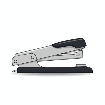A silver stapler with a black grip and base rests on a white background