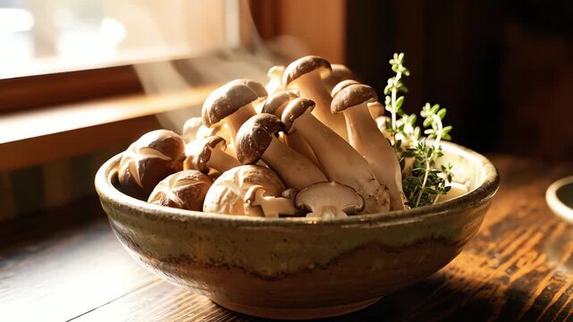 Fresh Gourmet Mushrooms in Rustic Bowl