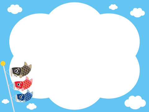 かわいい3匹の鯉のぼりと青空に雲と雲形フレーム背景のイラスト（黒・赤・青）