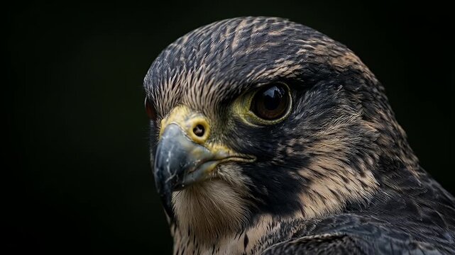 Close-up Profile of a Peregrine Falcon Head Against Dark Background