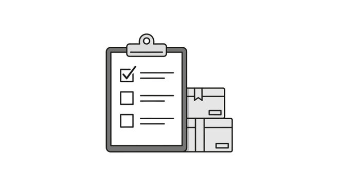 Outline illustration of a clipboard with a checklist and stacked boxes on an isolated white background, representing inventory control and shipping preparation.