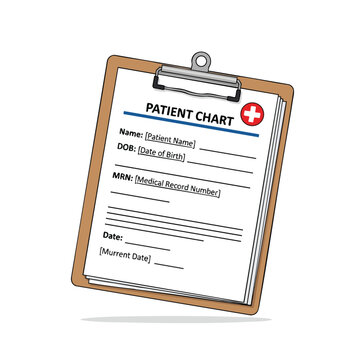 Clipboard with Patient Chart form, including name, DOB, MRN, and date fields