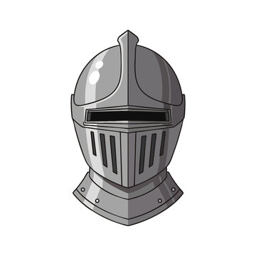 A gleaming silver knight's helmet with a visor and protective neck guard