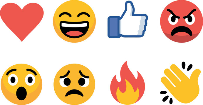 Social media reactions vector icons featuring heart laugh thumbs up angry surprised sad fire clapping emoji symbols for app interface and social platform interactions