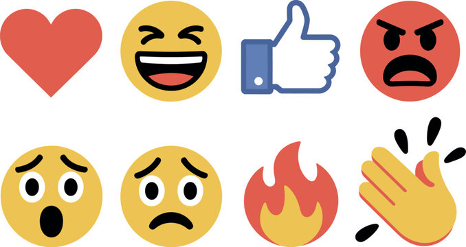 Social media reactions vector icon set including heart laugh thumbs up angry surprised sad fire and clapping emoji symbols for digital communication and interface design