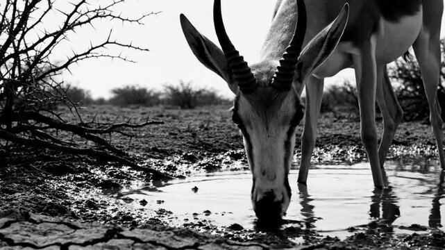 Black and White Springbok Gazelle Drinking Water From a Pond in a Desert Landscape