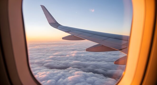Looking out of a passenger plane window at a white wing and endless blue sky. A clean and bright composition for travel agencies, aviation business, and global transportation themes