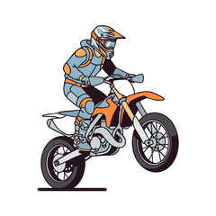 Obraz premium A person in full gear rides an orange and gray dirt bike, front wheel raised