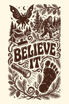 Retro cryptozoology mystery illustration for t-shirt design with bigfoot and mothman